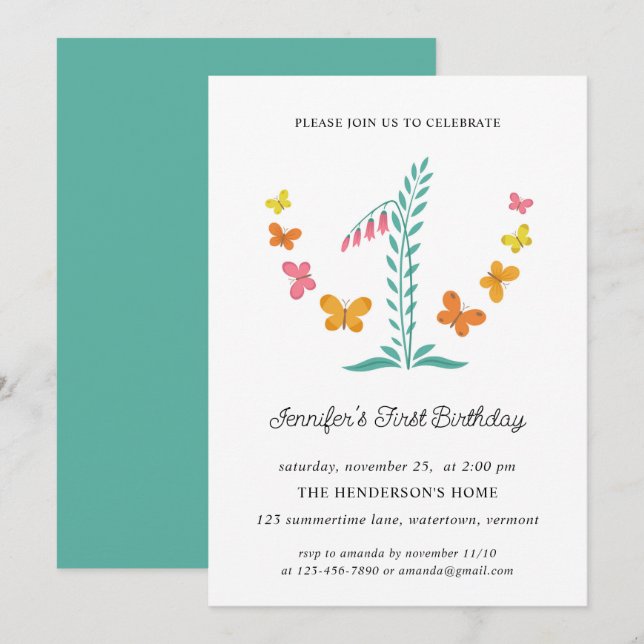 Invitación 1.ª Fiesta de cumpleaños Mariposa Botánica Floral (Anverso / Reverso)