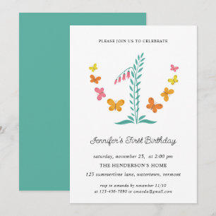 Invitación 1.ª Fiesta de cumpleaños Mariposa Botánica Floral