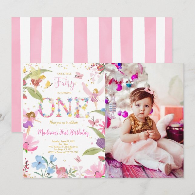Invitación 1.ª foto de cumpleaños de Golden Fairy (Anverso / Reverso)