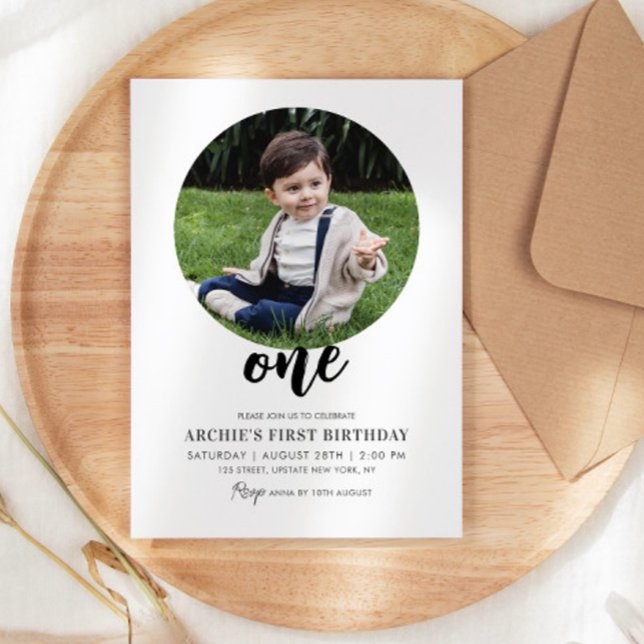 Invitación 1.ª Foto De Cumpleaños Simple Imagen Mínima Modern (1st birthday invitations modern simple photo invitation template first birthday ONE)
