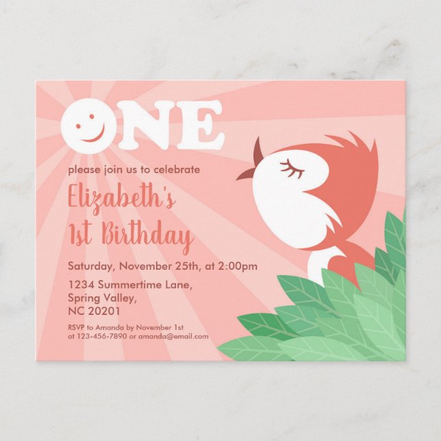 Invitación 1.ª postal del Chica de pájaro Fiesta de cumpleaño (Anverso)