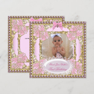 Invitación 1.ª Primera Cumpleaños Niña Rosa Blanco Oro Foto