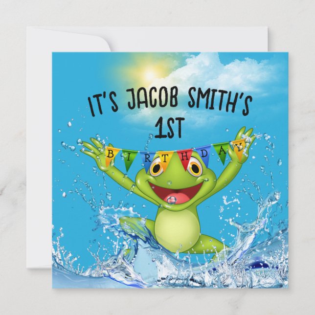 Invitación 1.ª rana de cumpleaños saltando en el agua (Anverso)