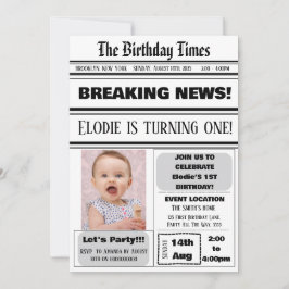 Invitación 1.ª revista Chica de tema de periódico de cumpleañ