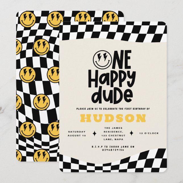 Invitación 1.ª sonrisa de cumpleaños cara retro negro groovy (Anverso / Reverso)