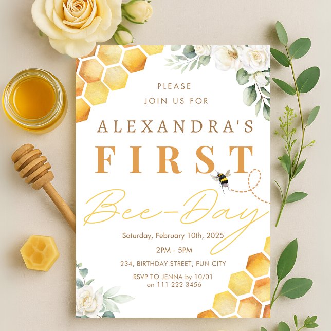 Invitación 1.ᵉʳ Abeja Chica de cumpleaños Floral (1st Bee Day Bee Birthday Girl Floral Invitation)