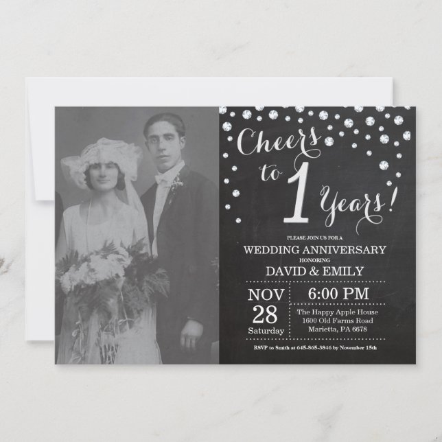 Invitación 1.ᵉʳ Aniversario Boda Chalkboard Black Silver (Anverso)