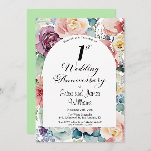 Invitación 1.ᵉʳ Aniversario Boda Elegante Script Floral (Anverso / Reverso)