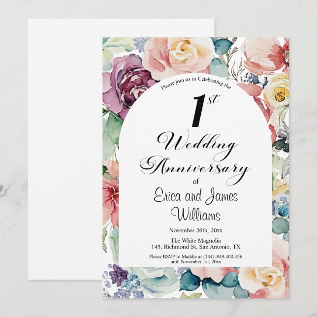 Invitación 1.ᵉʳ Aniversario Boda Elegante Script Floral (Anverso / Reverso)