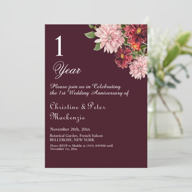 Invitación 1.ᵉʳ Aniversario del Boda de papel Borgoña Floral (Anverso de pie)