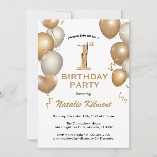 Invitación 1.ᵉʳ Balón Purpurina de oro y blanco (Anverso)