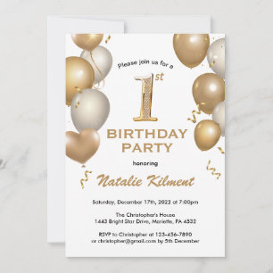 Invitación 1.ᵉʳ Balón Purpurina de oro y blanco