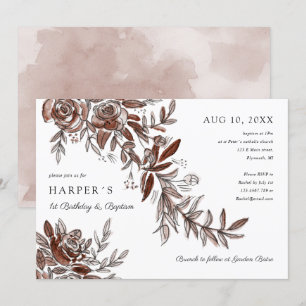 Invitación 1.ᵉʳ bautismo acuarela rosa floral