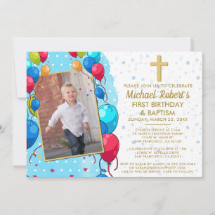 Invitación 1.ᵉʳ bautismo de cumpleaños Blue Gold Foto Globos