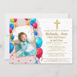 Invitación 1.ᵉʳ bautismo de cumpleaños cruz de foto de oro ro