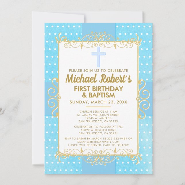 Invitación 1.ᵉʳ bautismo de cumpleaños Oro Azul Textos Polka  (Anverso)