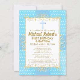 Invitación 1.ᵉʳ bautismo de cumpleaños Oro Azul Textos Polka