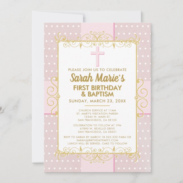 Invitación 1.ᵉʳ bautismo de cumpleaños oro rosado Punto de Po (Anverso)