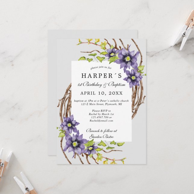 Invitación 1.ᵉʳ bautismo de cumpleaños primavera flores y ram (Anverso/Reverso In Situ)
