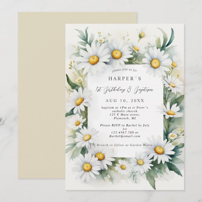 Invitación 1.ᵉʳ bautismo flor margarita (Anverso / Reverso)