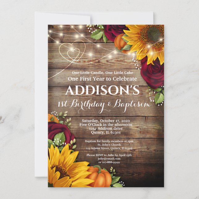 Invitación 1.ᵉʳ bautismo Girasol, calabaza y Rosas (Anverso)