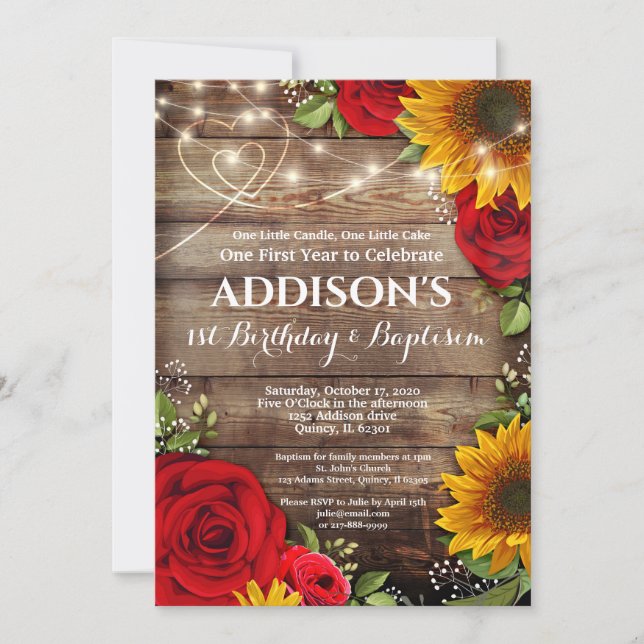 Invitación 1.ᵉʳ bautismo Girasol y Rosas (Anverso)