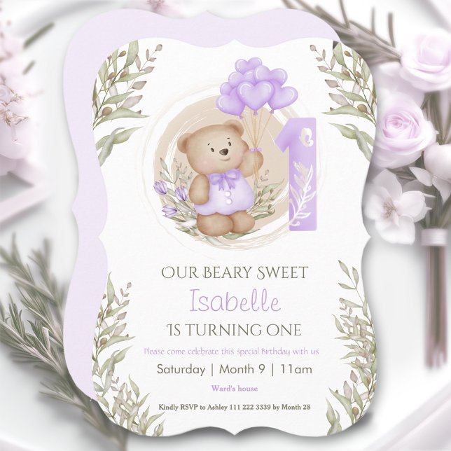 Invitación 1.ᵉʳ Chica de cumpleaños Cute Teddy Oso Globos púr (1st Birthday Girl Cute Teddy Bear Purple Balloons Invitation)