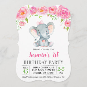 Invitación 1.ᵉʳ Chica de cumpleaños Fiesta de elefante rosa f