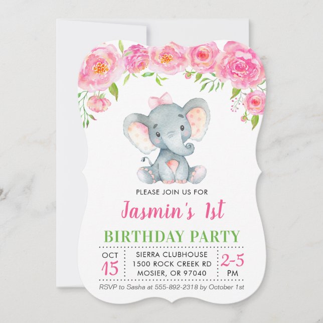 Invitación 1.ᵉʳ Chica de cumpleaños Fiesta de elefante rosa f (Anverso)