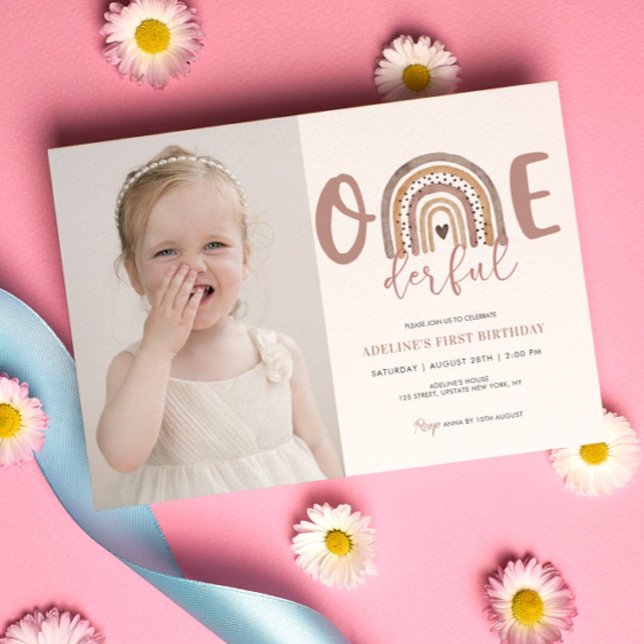 Invitación 1.ᵉʳ Chica de cumpleaños fiesta fotográfico lindo (Onederful cute birthday party template 1st Birthday Girl Boho Rainbow Watercolor)
