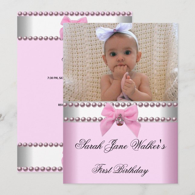 Invitación 1.ᵉʳ Chica de cumpleaños foto de Perla Blanca Rosa (Anverso / Reverso)