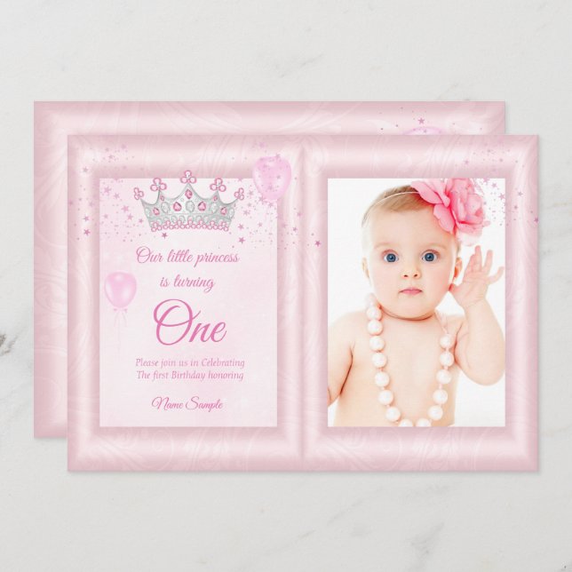 Invitación 1.ᵉʳ chica de cumpleaños globos con foto rosa (Anverso / Reverso)