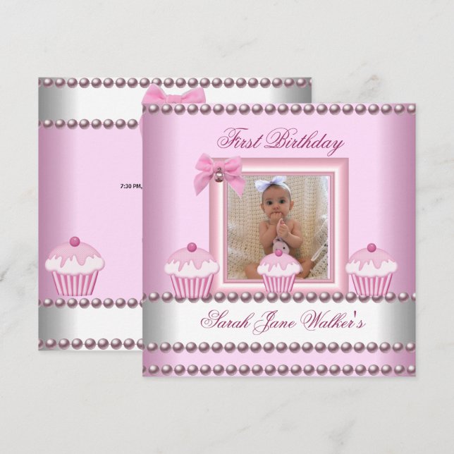 Invitación 1.ᵉʳ Chica de cumpleaños pastelitos rosados Perla  (Anverso / Reverso)