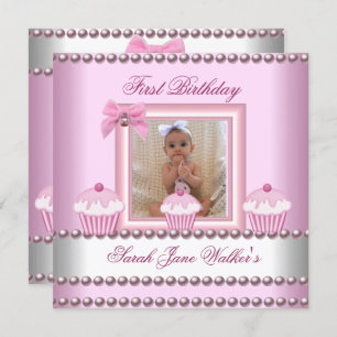 Invitación 1.ᵉʳ Chica de cumpleaños pastelitos rosados Perla 
