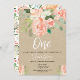 Invitación 1.ᵉʳ chica de cumpleaños peach rústico kraft flora