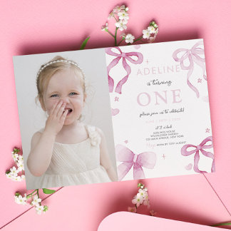 Invitación 1.ᵉʳ Chica de cumpleaños, Pink Bow Fancy One Cute