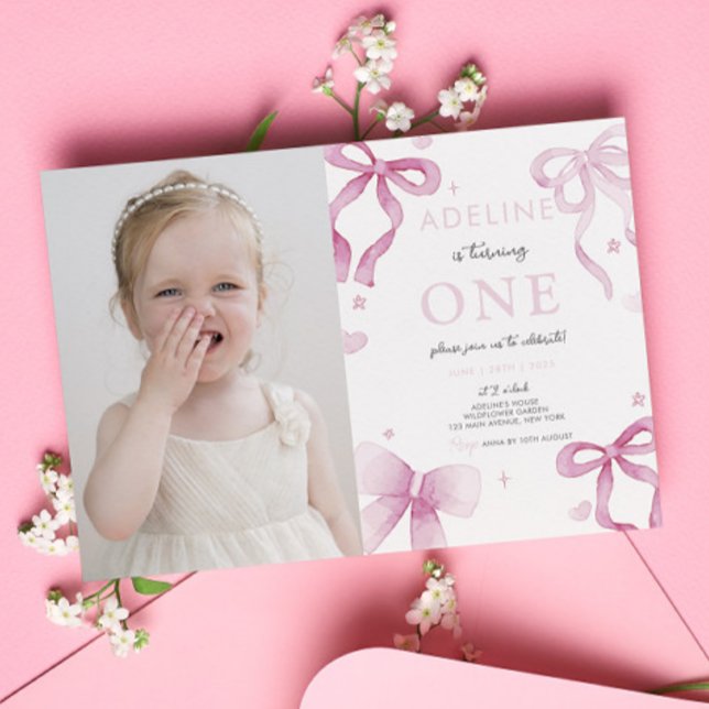 Invitación 1.ᵉʳ Chica de cumpleaños, Pink Bow Fancy One Cute  (1st Birthday Girl Pink Bow Fancy One Cute Photo Invitation Template Digital Instant Download Cute)