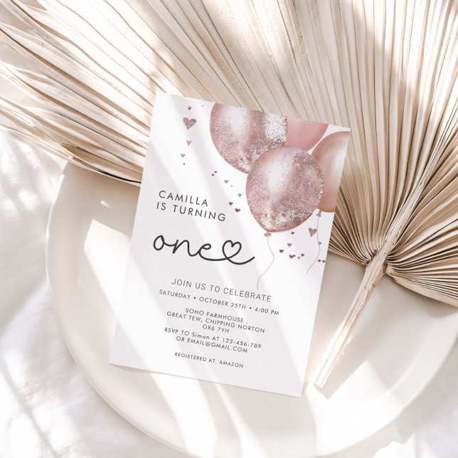 Invitación 1.ᵉʳ Chica de globos rosados modernos (Subido por el creador)