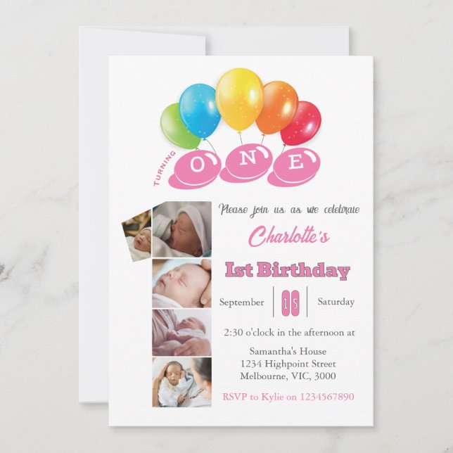 Invitación 1.ᵉʳ Chica del collage de fotos de cumpleaños núme (Anverso)