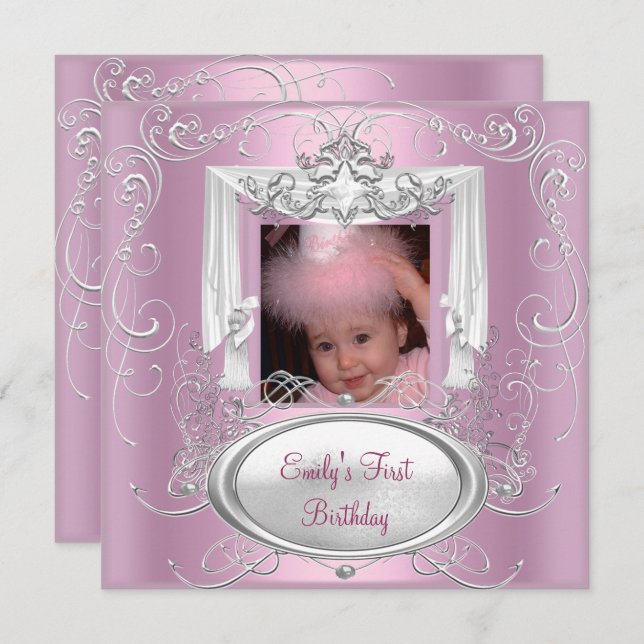 Invitación 1.ᵉʳ Chica del partido de cumpleaños Estrella rosa (Anverso / Reverso)