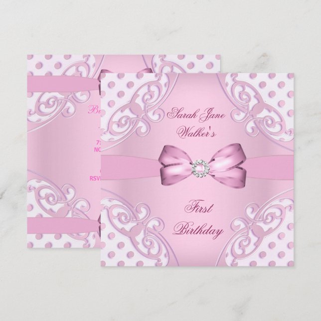 Invitación 1.ᵉʳ Chica Fiesta de cumpleaños Punto Polka Blanco (Anverso / Reverso)