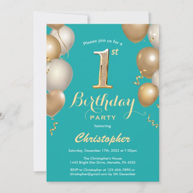 Invitación 1.ᵉʳ Confeti de globos Verde azulados y de oro (Anverso)