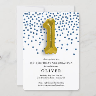 Invitación 1.ᵉʳ Confetti azul real y globo de oro