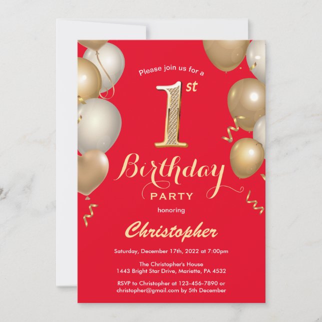 Invitación 1.ᵉʳ Confetti de globos rojos y de oro (Anverso)