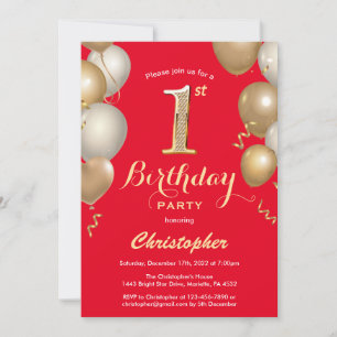 Invitación 1.ᵉʳ Confetti de globos rojos y de oro