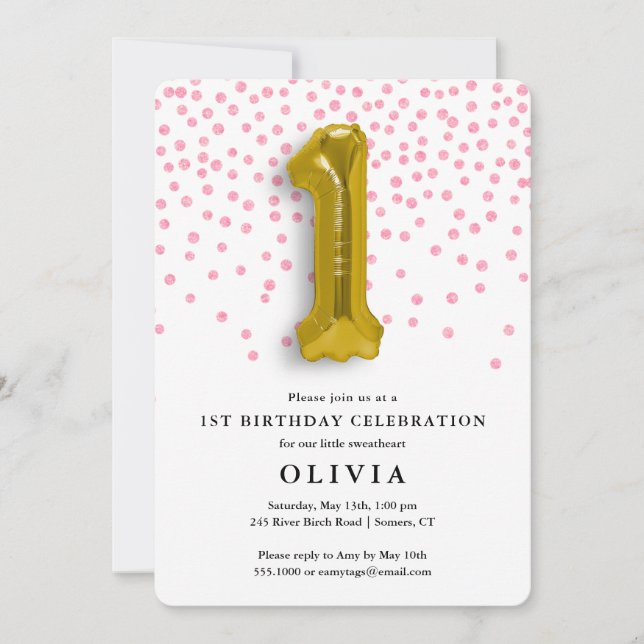 Invitación 1.ᵉʳ Confetti rosado y globo de oro (Anverso)
