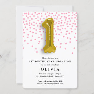 Invitación 1.ᵉʳ Confetti rosado y globo de oro