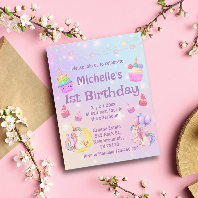 Invitación 1.ᵉʳ cumpleaños acuarela unicornios quequitos púrp (Subido por el creador)
