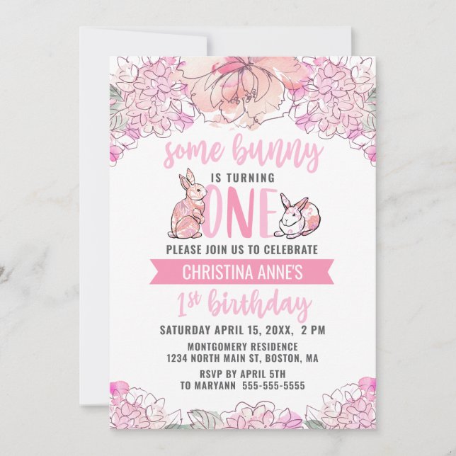 Invitación 1.ᵉʳ cumpleaños algunos conejitos acuarelas rosada (Anverso)