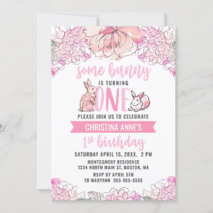 Invitación 1.ᵉʳ cumpleaños algunos conejitos acuarelas rosada